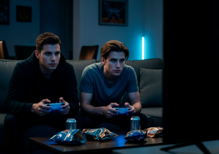 two young boys playing playstation physical games