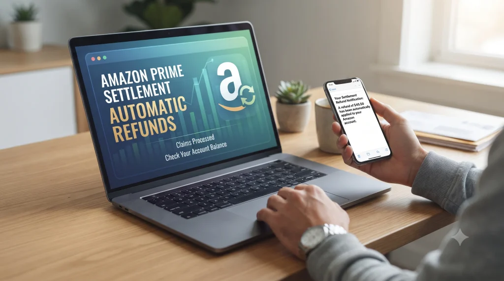 A laptop displaying financial graphs and a notification about amazon prime settlement automatic refunds on a wooden desk.