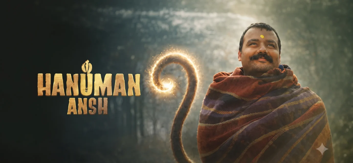 A promotional still featuring the title logo and character look from the hanuman ansh movie.