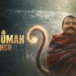 A promotional still featuring the title logo and character look from the hanuman ansh movie.