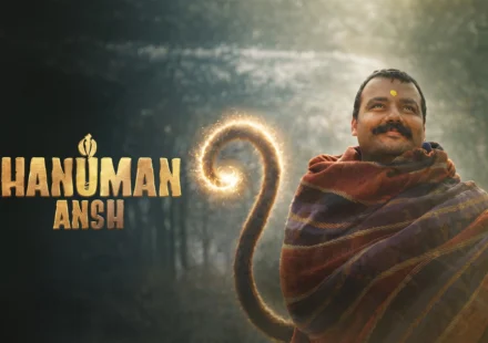 A promotional still featuring the title logo and character look from the hanuman ansh movie.