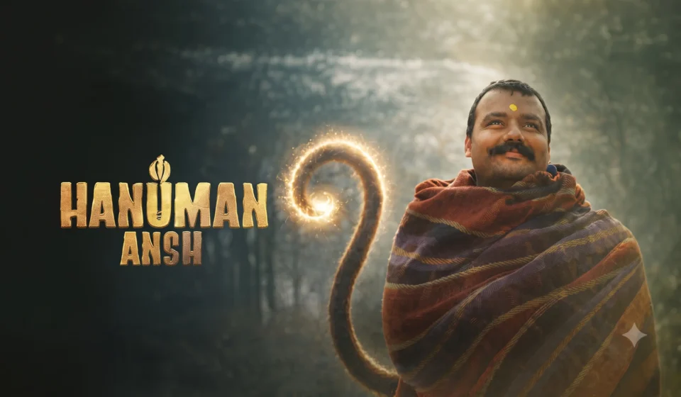 A promotional still featuring the title logo and character look from the hanuman ansh movie.