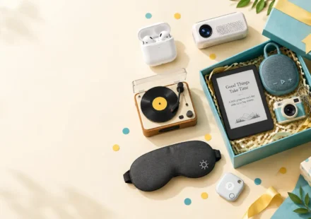 Flat-lay of gadget gift ideas including earbuds, a mini speaker, a portable projector and an e-reader beside a gift box