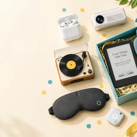 Flat-lay of gadget gift ideas including earbuds, a mini speaker, a portable projector and an e-reader beside a gift box