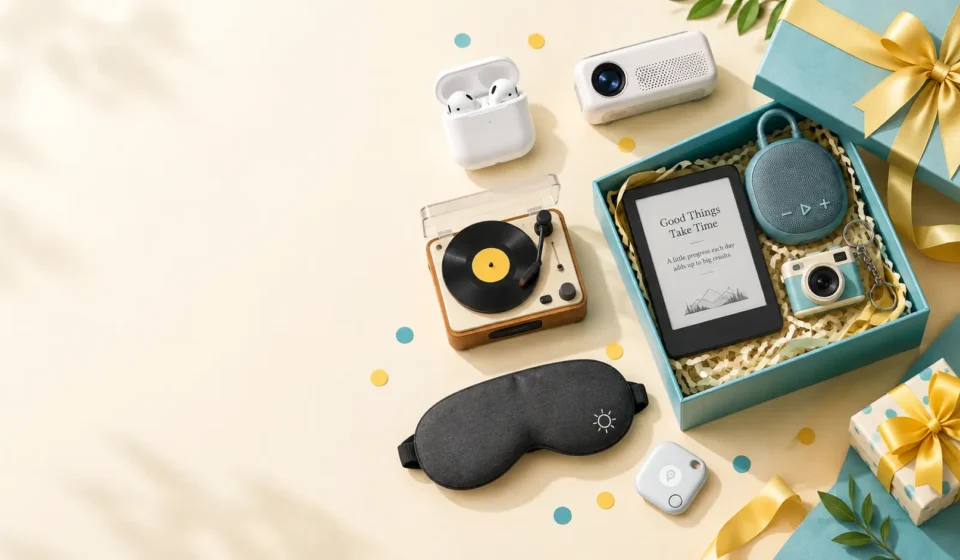 Flat-lay of gadget gift ideas including earbuds, a mini speaker, a portable projector and an e-reader beside a gift box